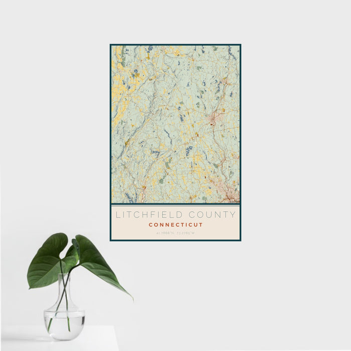 16x24 Litchfield County Connecticut Map Print Portrait Orientation in Woodblock Style With Tropical Plant Leaves in Water
