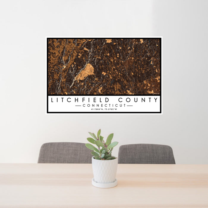 24x36 Litchfield County Connecticut Map Print Lanscape Orientation in Ember Style Behind 2 Chairs Table and Potted Plant