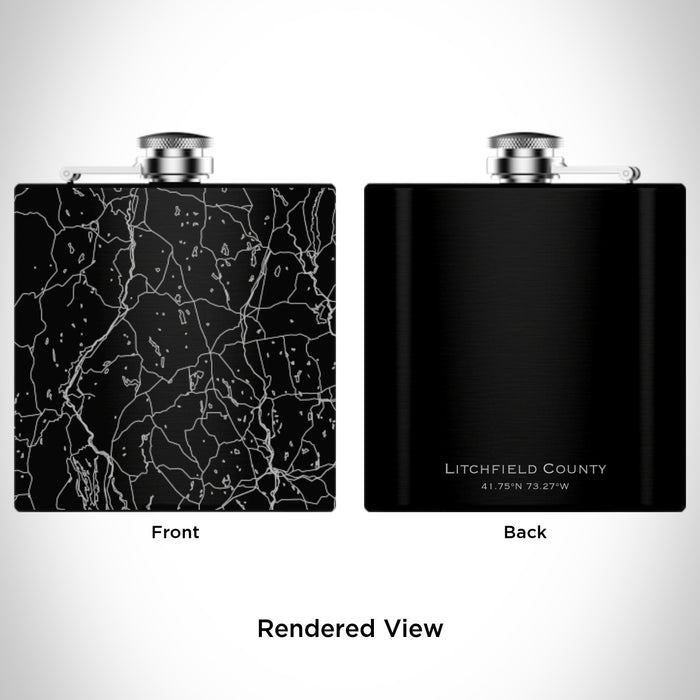 Rendered View of Litchfield County Connecticut Map Engraving on 6oz Stainless Steel Flask in Black