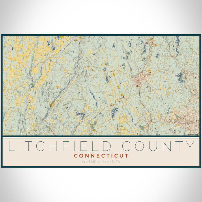Litchfield County Connecticut Map Print Landscape Orientation in Woodblock Style With Shaded Background