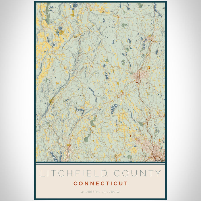 Litchfield County Connecticut Map Print Portrait Orientation in Woodblock Style With Shaded Background