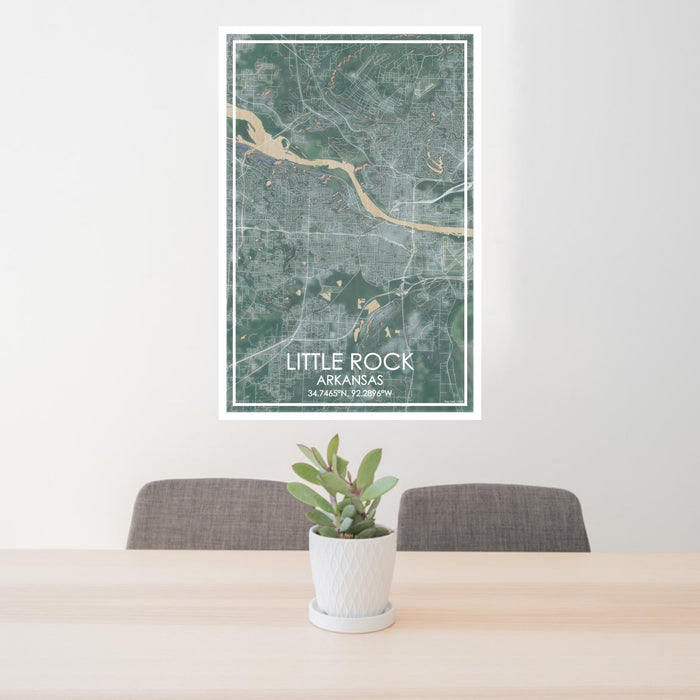 24x36 Little Rock Arkansas Map Print Portrait Orientation in Afternoon Style Behind 2 Chairs Table and Potted Plant