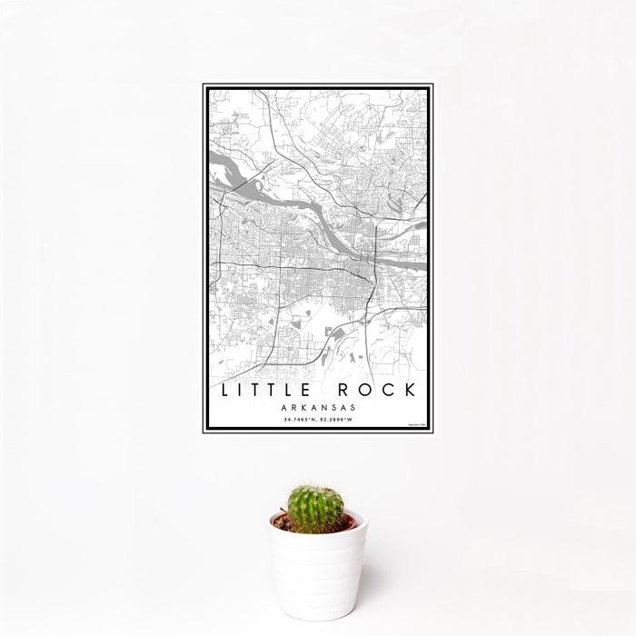 12x18 Little Rock Arkansas Map Print Portrait Orientation in Classic Style With Small Cactus Plant in White Planter
