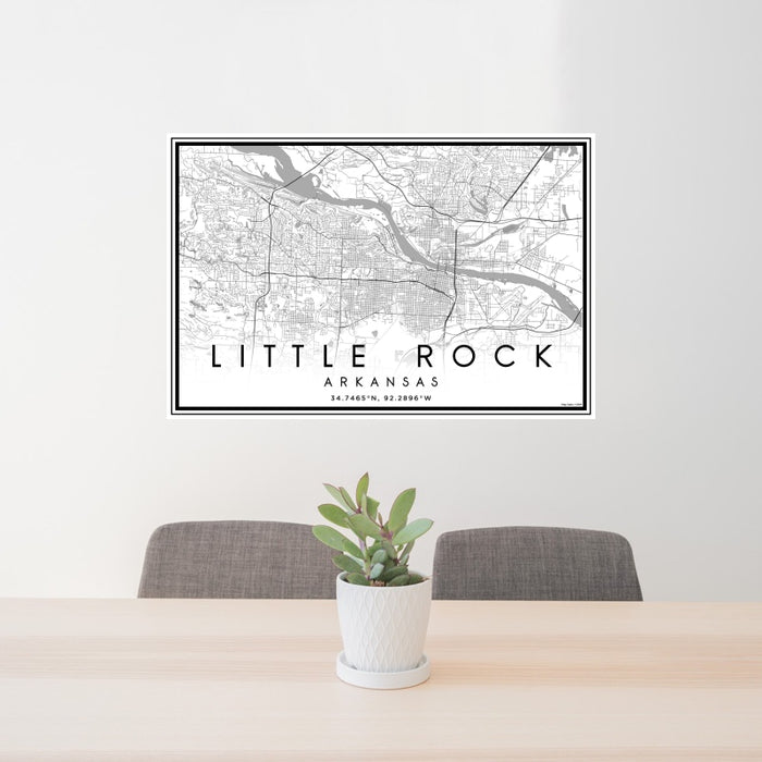 24x36 Little Rock Arkansas Map Print Landscape Orientation in Classic Style Behind 2 Chairs Table and Potted Plant