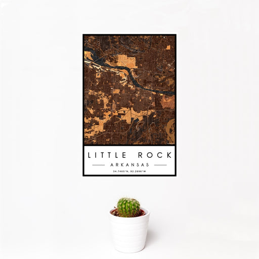 12x18 Little Rock Arkansas Map Print Portrait Orientation in Ember Style With Small Cactus Plant in White Planter