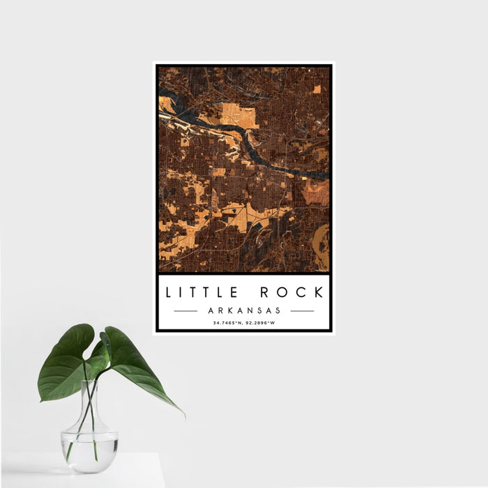 16x24 Little Rock Arkansas Map Print Portrait Orientation in Ember Style With Tropical Plant Leaves in Water