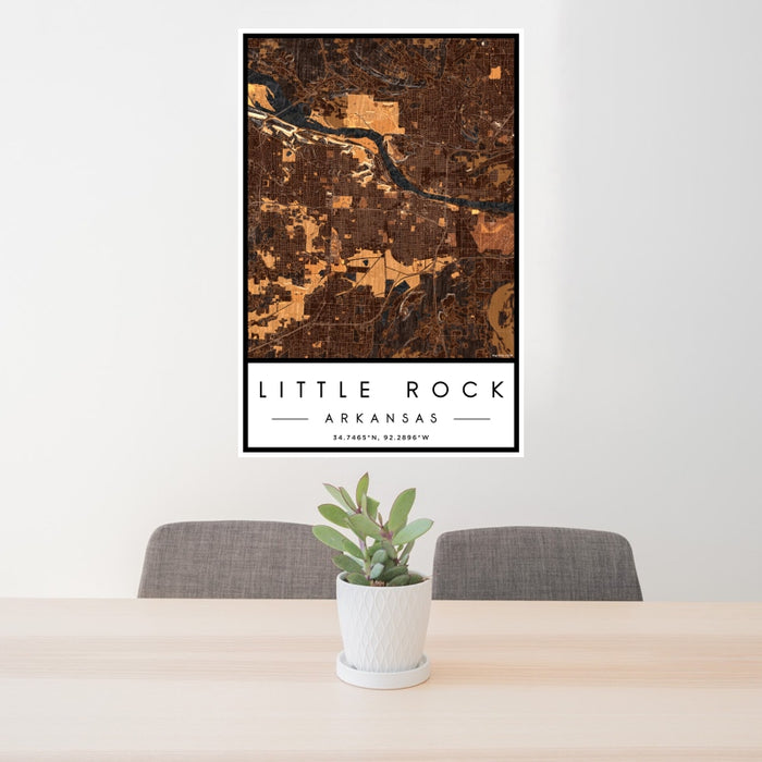 24x36 Little Rock Arkansas Map Print Portrait Orientation in Ember Style Behind 2 Chairs Table and Potted Plant