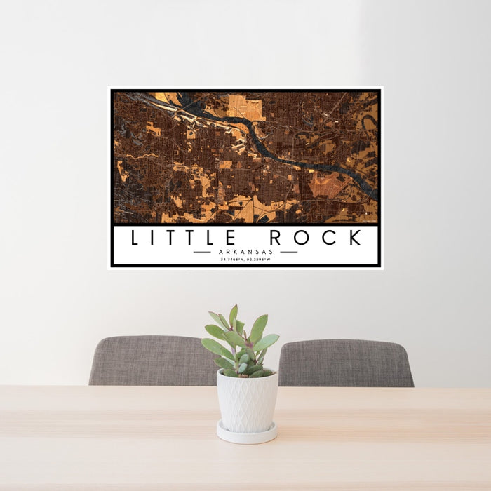 24x36 Little Rock Arkansas Map Print Landscape Orientation in Ember Style Behind 2 Chairs Table and Potted Plant