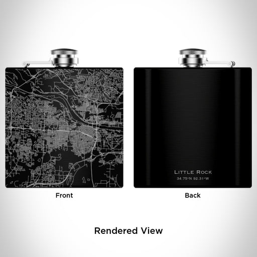 Rendered View of Little Rock Arkansas Map Engraving on 6oz Stainless Steel Flask in Black