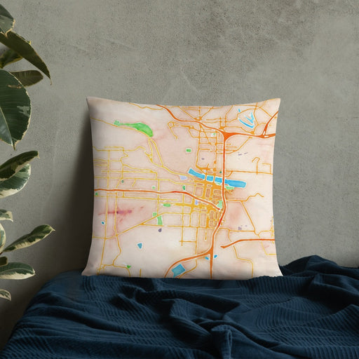 Custom Little Rock Arkansas Map Throw Pillow in Watercolor on Bedding Against Wall