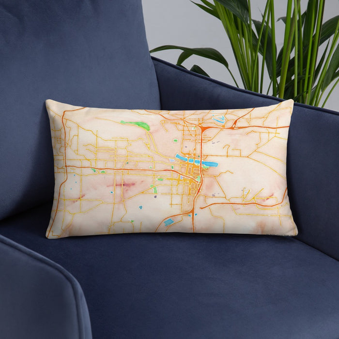 Custom Little Rock Arkansas Map Throw Pillow in Watercolor on Blue Colored Chair