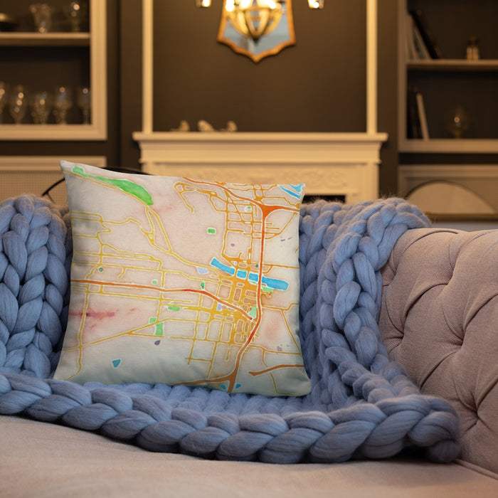 Custom Little Rock Arkansas Map Throw Pillow in Watercolor on Cream Colored Couch