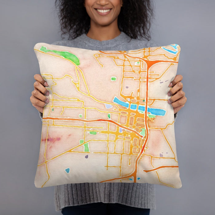 Person holding 18x18 Custom Little Rock Arkansas Map Throw Pillow in Watercolor