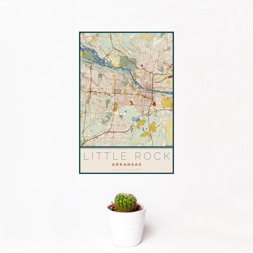 12x18 Little Rock Arkansas Map Print Portrait Orientation in Woodblock Style With Small Cactus Plant in White Planter