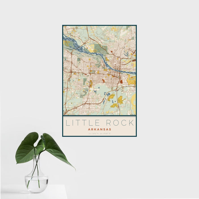 16x24 Little Rock Arkansas Map Print Portrait Orientation in Woodblock Style With Tropical Plant Leaves in Water