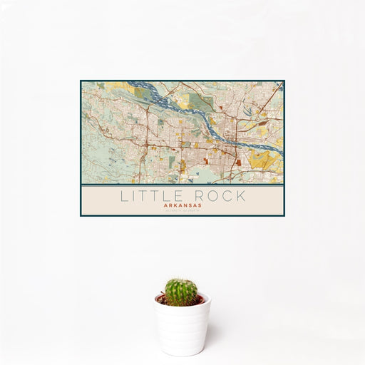 12x18 Little Rock Arkansas Map Print Landscape Orientation in Woodblock Style With Small Cactus Plant in White Planter