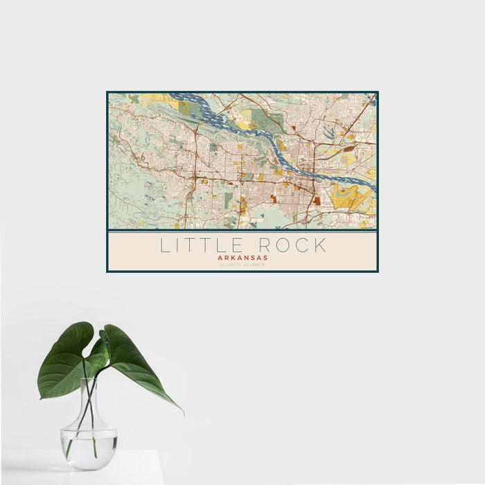 16x24 Little Rock Arkansas Map Print Landscape Orientation in Woodblock Style With Tropical Plant Leaves in Water