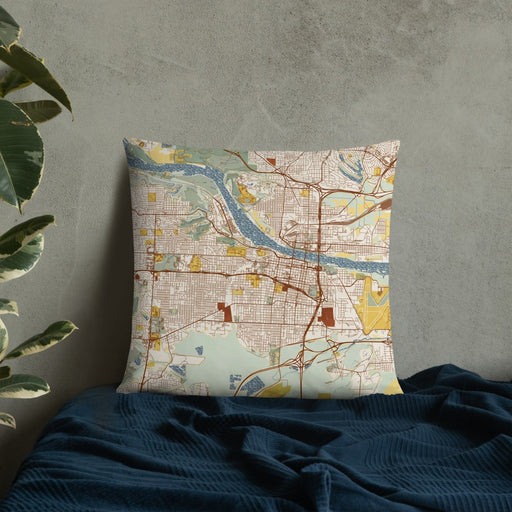 Custom Little Rock Arkansas Map Throw Pillow in Woodblock on Bedding Against Wall