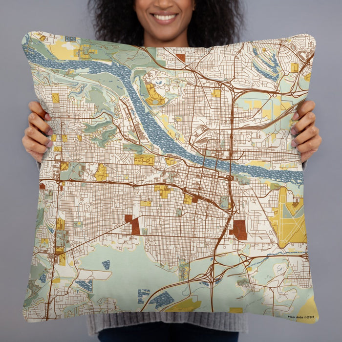 Person holding 22x22 Custom Little Rock Arkansas Map Throw Pillow in Woodblock