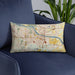 Custom Little Rock Arkansas Map Throw Pillow in Woodblock on Blue Colored Chair