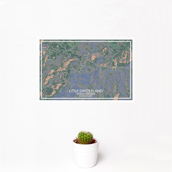 12x18 Little Switzerland North Carolina Map Print Landscape Orientation in Afternoon Style With Small Cactus Plant in White Planter