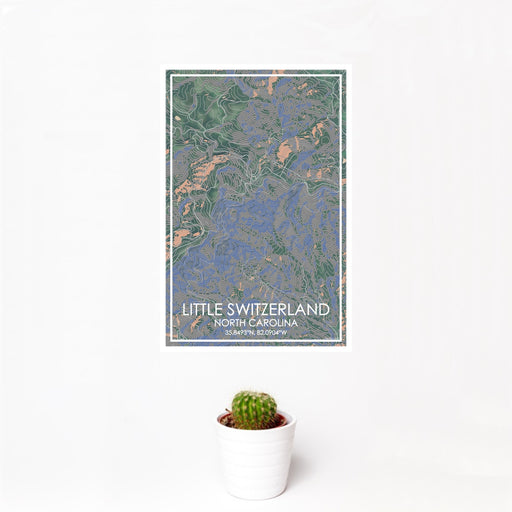 12x18 Little Switzerland North Carolina Map Print Portrait Orientation in Afternoon Style With Small Cactus Plant in White Planter