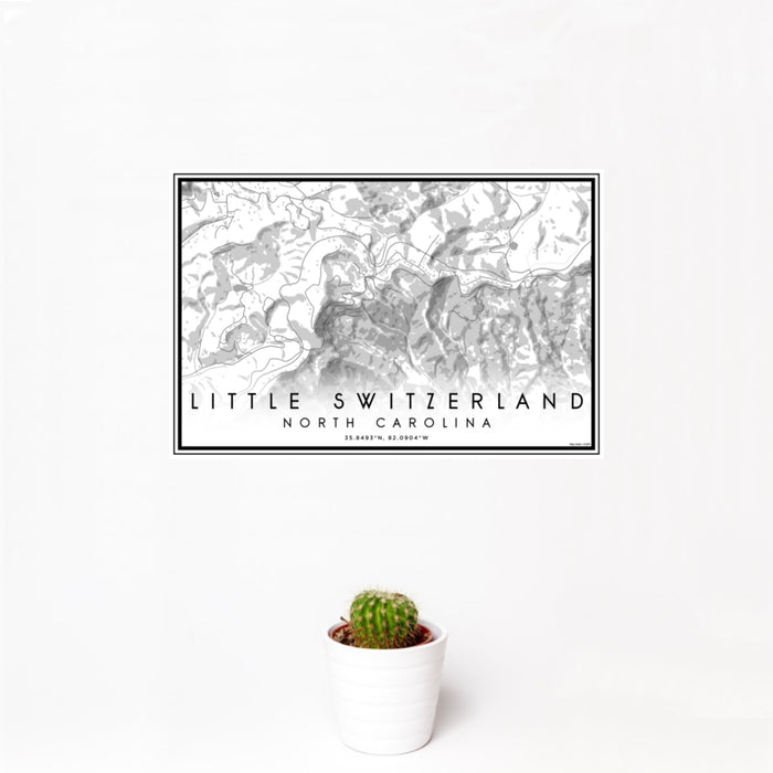 12x18 Little Switzerland North Carolina Map Print Landscape Orientation in Classic Style With Small Cactus Plant in White Planter