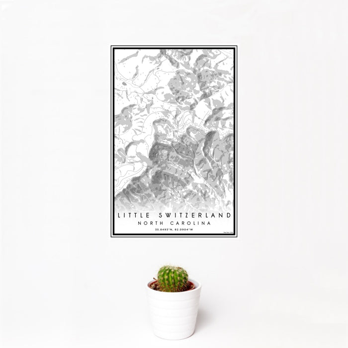 12x18 Little Switzerland North Carolina Map Print Portrait Orientation in Classic Style With Small Cactus Plant in White Planter