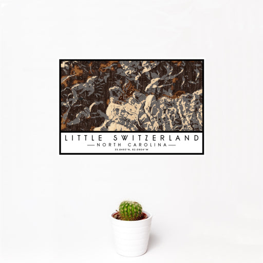 12x18 Little Switzerland North Carolina Map Print Landscape Orientation in Ember Style With Small Cactus Plant in White Planter