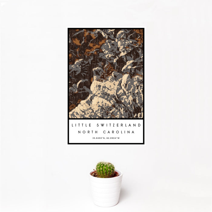 12x18 Little Switzerland North Carolina Map Print Portrait Orientation in Ember Style With Small Cactus Plant in White Planter