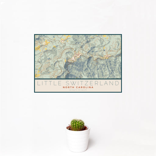12x18 Little Switzerland North Carolina Map Print Landscape Orientation in Woodblock Style With Small Cactus Plant in White Planter