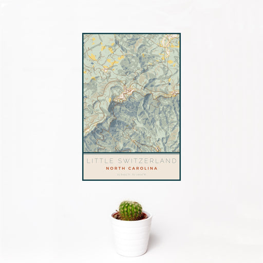 12x18 Little Switzerland North Carolina Map Print Portrait Orientation in Woodblock Style With Small Cactus Plant in White Planter