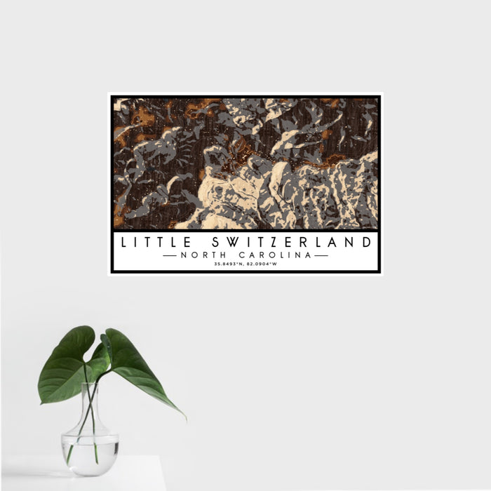 16x24 Little Switzerland North Carolina Map Print Landscape Orientation in Ember Style With Tropical Plant Leaves in Water
