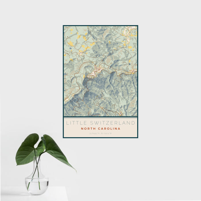 16x24 Little Switzerland North Carolina Map Print Portrait Orientation in Woodblock Style With Tropical Plant Leaves in Water