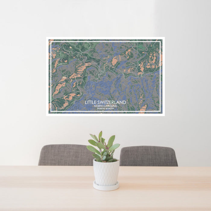 24x36 Little Switzerland North Carolina Map Print Lanscape Orientation in Afternoon Style Behind 2 Chairs Table and Potted Plant