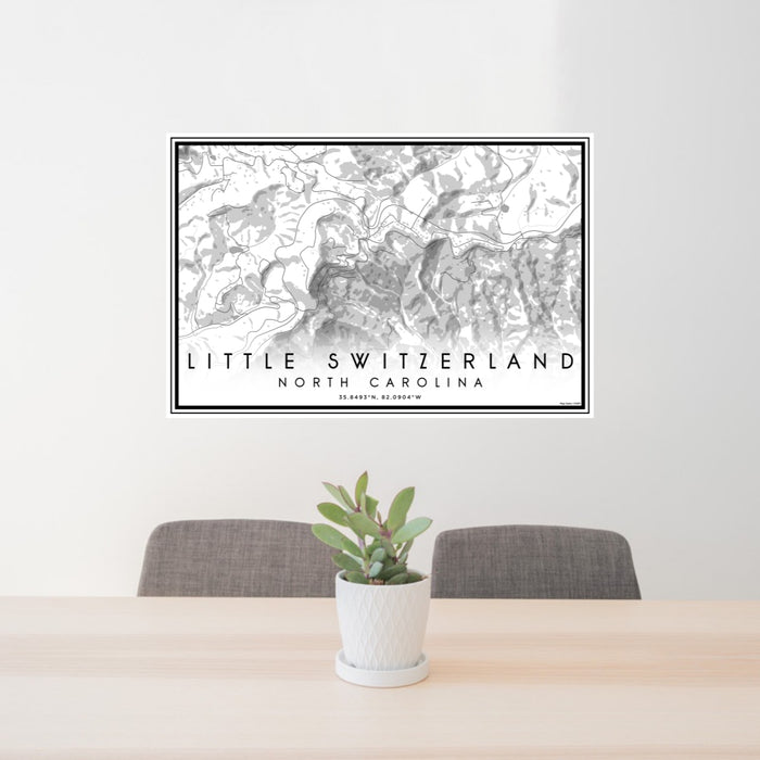 24x36 Little Switzerland North Carolina Map Print Lanscape Orientation in Classic Style Behind 2 Chairs Table and Potted Plant