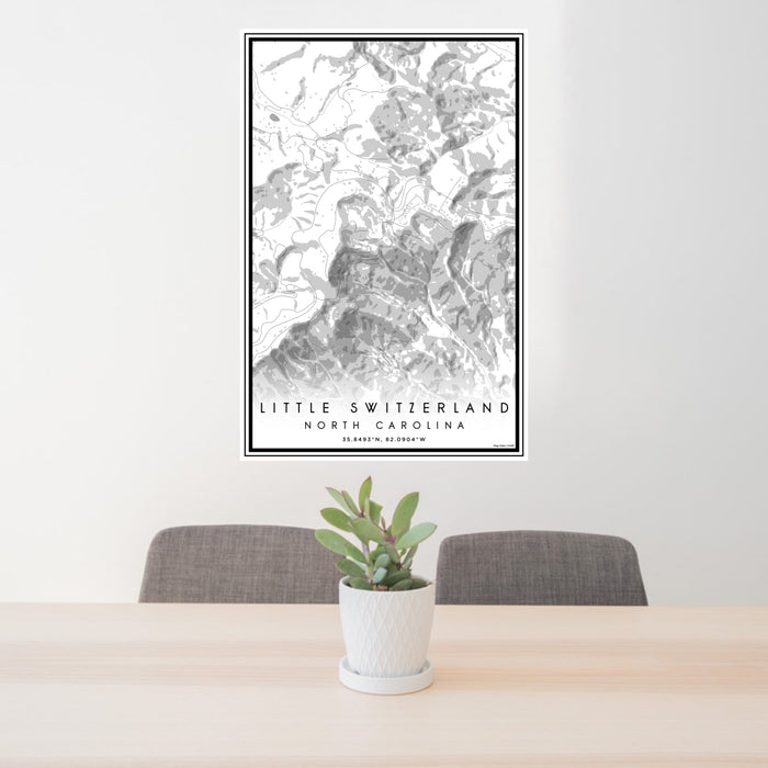 24x36 Little Switzerland North Carolina Map Print Portrait Orientation in Classic Style Behind 2 Chairs Table and Potted Plant