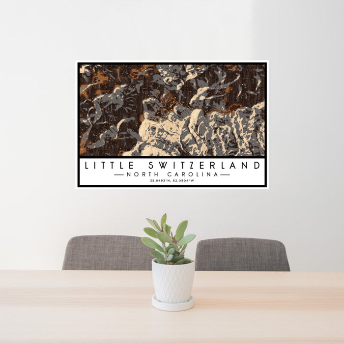 24x36 Little Switzerland North Carolina Map Print Lanscape Orientation in Ember Style Behind 2 Chairs Table and Potted Plant