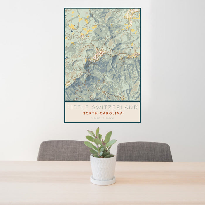 24x36 Little Switzerland North Carolina Map Print Portrait Orientation in Woodblock Style Behind 2 Chairs Table and Potted Plant