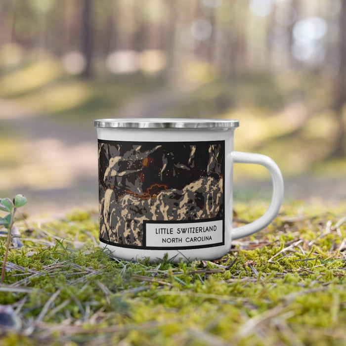 Right View Custom Little Switzerland North Carolina Map Enamel Mug in Ember on Grass With Trees in Background