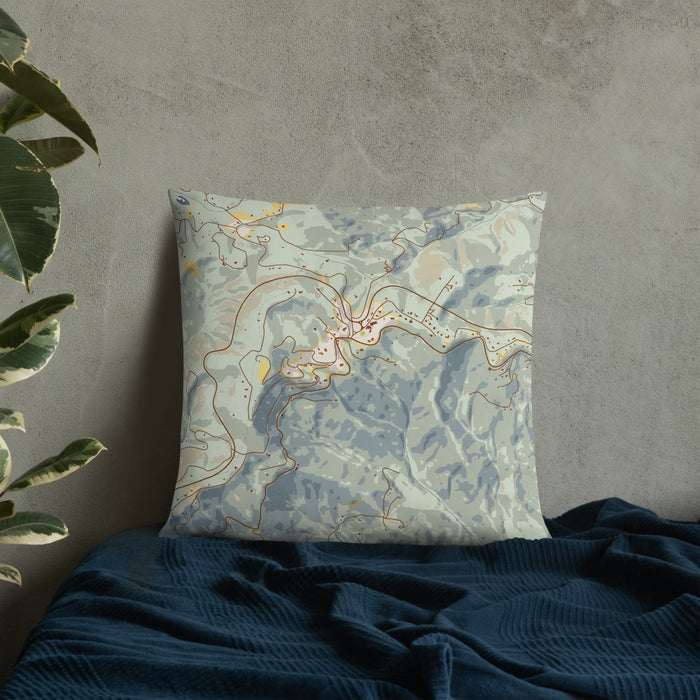 Custom Little Switzerland North Carolina Map Throw Pillow in Woodblock on Bedding Against Wall