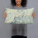 Person holding 20x12 Custom Little Switzerland North Carolina Map Throw Pillow in Woodblock