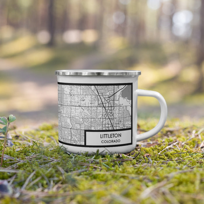 Right View Custom Littleton Colorado Map Enamel Mug in Classic on Grass With Trees in Background