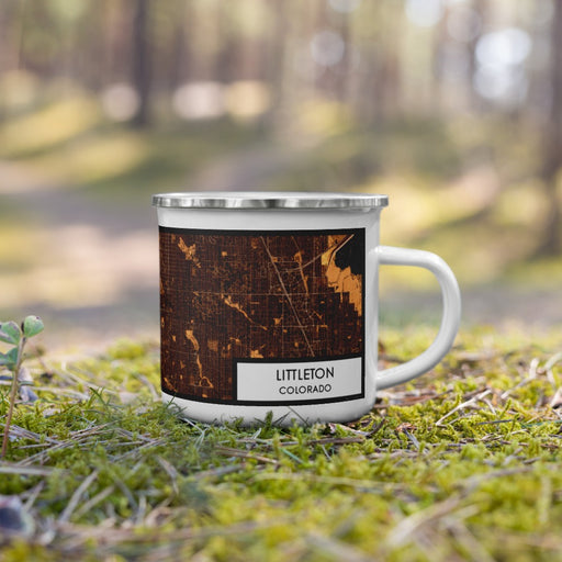 Right View Custom Littleton Colorado Map Enamel Mug in Ember on Grass With Trees in Background