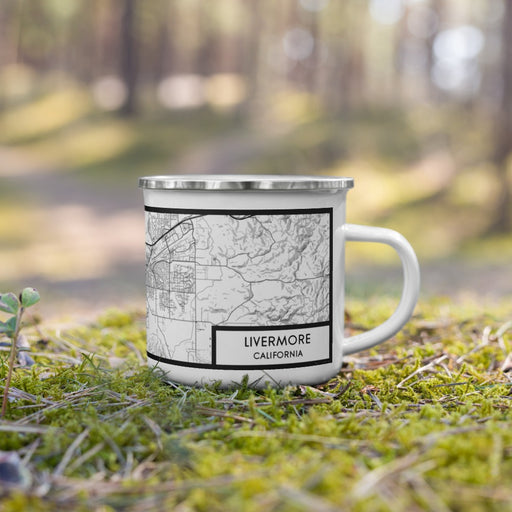 Right View Custom Livermore California Map Enamel Mug in Classic on Grass With Trees in Background