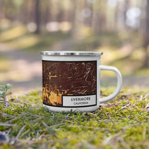 Right View Custom Livermore California Map Enamel Mug in Ember on Grass With Trees in Background