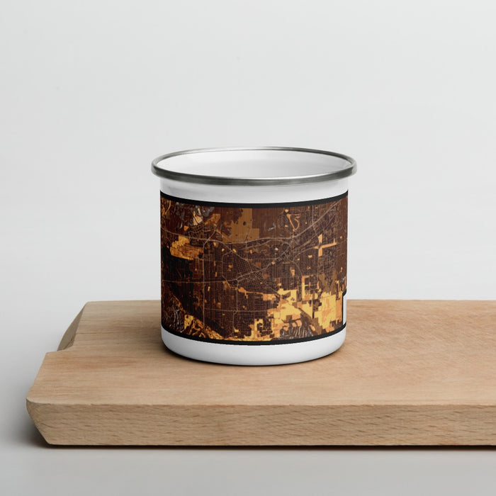 Front View Custom Livermore California Map Enamel Mug in Ember on Cutting Board