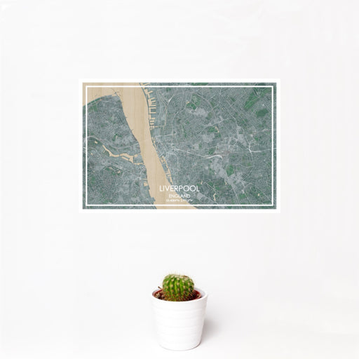 12x18 Liverpool England Map Print Landscape Orientation in Afternoon Style With Small Cactus Plant in White Planter