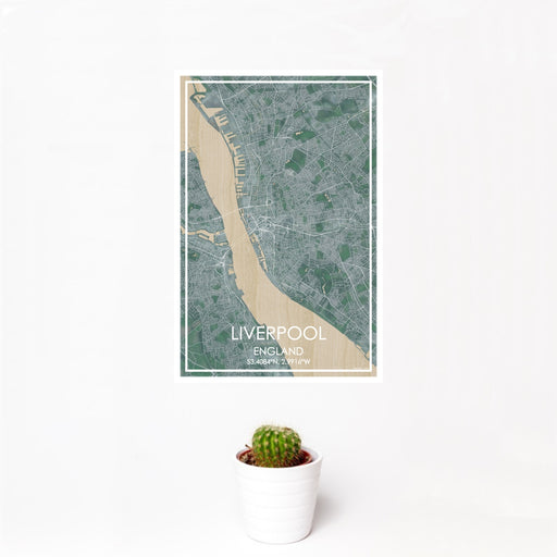 12x18 Liverpool England Map Print Portrait Orientation in Afternoon Style With Small Cactus Plant in White Planter