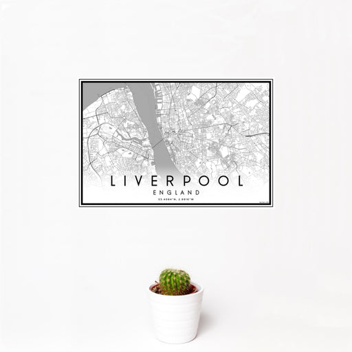 12x18 Liverpool England Map Print Landscape Orientation in Classic Style With Small Cactus Plant in White Planter